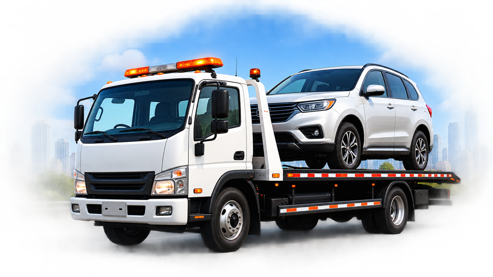 Sai Ram Car Towing Services flatbed tow truck carrying an SUV